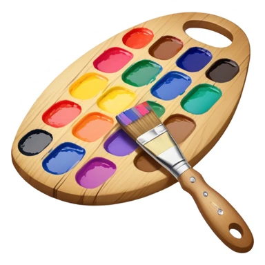 Cinematic Realistic image of a vibrant paint palette and brush, featuring a wooden palette smeared with an array of richly blended colors and a finely detailed brush with soft, delicate bristles, set against a softly textured background that evokes artistic inspiration sticker