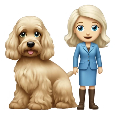 Old blue eyed blonde lady with long straight hair with dark brown Cockapoo puppy dog sticker