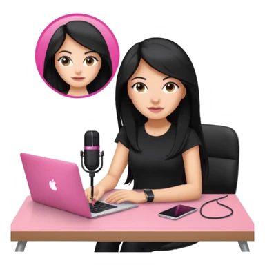 tanned long black hair woman, sat at desk with pink MacBook, podcast microphone black top and pink, sexy, glass table sticker
