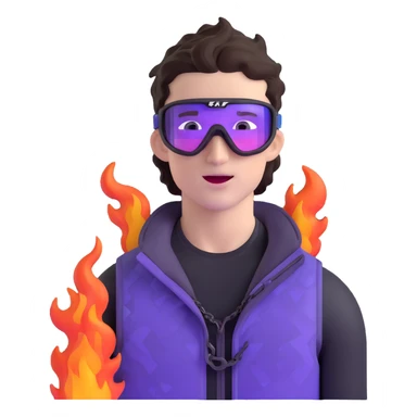 close-up of cool guy male athlete with white skin and moderately curly dark brown hair on top with shaved sides, with one purple ski goggle lens pushed up above his eyes on his forehead, sticking his tongue out of his mouth, a simple plain black chain necklace, and a completely unzipped sleeveless vest with purple and black sequin fire pattern design with no logo sticker