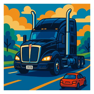 2026 Black Kenworth T680 Sleeper semi truck with tall chrome muffler stacks, headlights on, driving down a road with a car in front, stylized illustration, day scene sticker