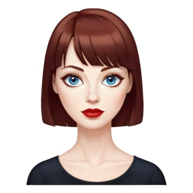Woman in her late 40s with pale skin, wider face, blue eyes with eyeliner, thin eyebrows, small nose, red lipstick, dark auburn hair with bangs, wearing a black top sticker
