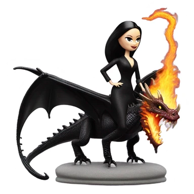 Victorian evening dressed, Morticia Addams Barbie Jedi wearing a mini tiara, riding on the back of a very large black shiny evil-looking fire-spewing horned dragon sticker