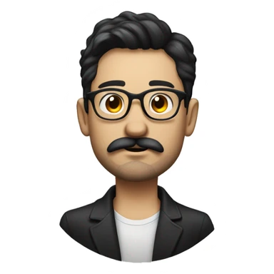 Man with dark hair, mustache and chin beard, roun glasses and cigarett sticker