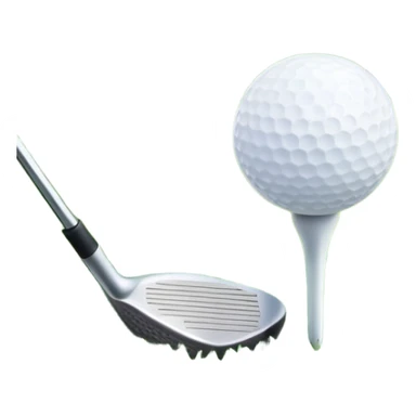 A golf ball on a tee, with a golf club placed beside it on the lush green fairway. The background shows a serene golf course with neatly trimmed grass and a clear blue sky, emphasizing the elegance and precision of the game. sticker