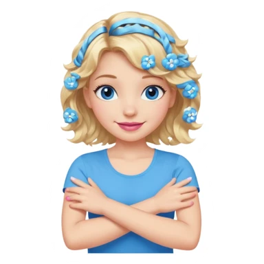 Girl Blonde short wavy hair,  blue eyes, cute blue top, long lashes, pink lips, smiling, making cross arms with arms  sticker