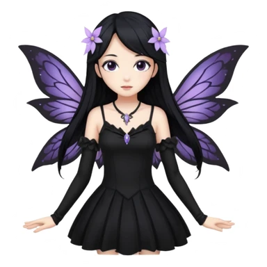 Gothic anime fairy with long beautiful black hair and black dress, pastelcore, sticker