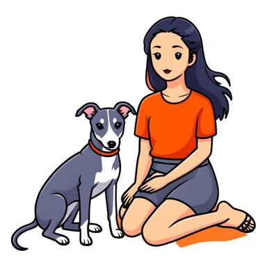 A very beautiful and attractive 25-year-old Chinese woman with long flowing black hair and a SOLID DARK GREY whippet sitting together on a beach during a beautiful sunset. The whippet MUST be COMPLETELY SOLID DARK GREY with ABSOLUTELY NO WHITE MARKINGS ANYWHERE - no white chest, no white face, no white paws, no white tip on tail - ENTIRELY ONE SOLID DARK GREY COLOR throughout the entire dog. Orange and red sunset sky over the ocean, sandy beach in the foreground. sticker