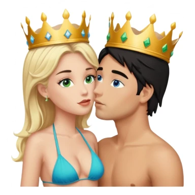 Blonde Queen with crownGreen eyes in Bikini kissing Male subject without crown black hair blue eyes Background sky sticker