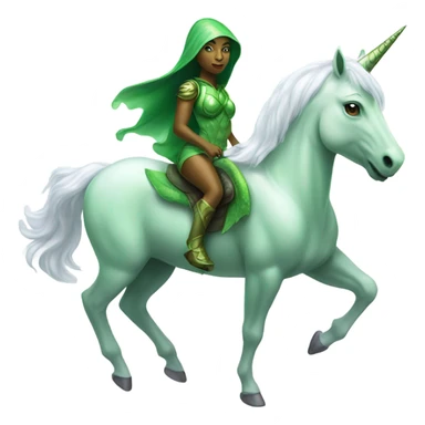 a green amazon alien woman on a four-legged white unicorn sticker