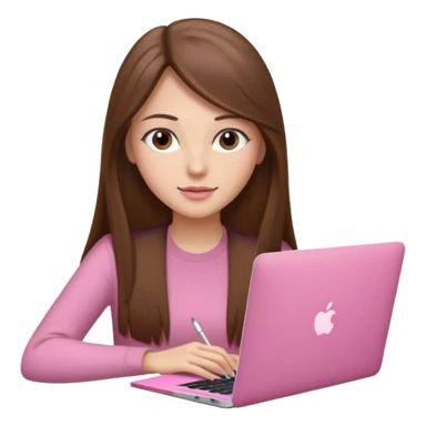 Mujer lacia peli larga y peli larga  en una MacBook rosa investigando y haciendo tareas con un libro de apuntes y con cara muy linda como modelo sticker