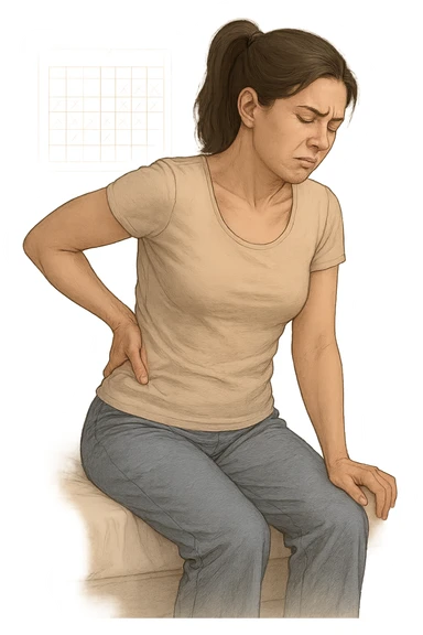 a woman in her 30s sits on the edge of her bed in the morning, holding her lower back with a pained expression. Subtle visual cues, like uneven shoulders or hips, hint at postural asymmetry. The room is softly lit, and a calendar on the wall shows months crossed off, symbolizing chronic pain over the years. vista anatomicamente sticker