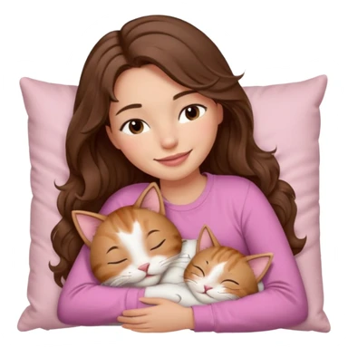 girl with wavy long brown hair, brown eyes, light to medium complexion, long lashes, light pink lipstick, smiling, wearing light pink shirt, sleeping on a cozy pillow, cuddling a cat  sticker