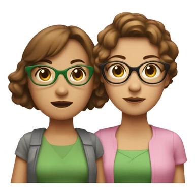 two women with short brown hair, holding hands, one woman is wearing glasses and wearing green, the other woman is wearing pink sticker
