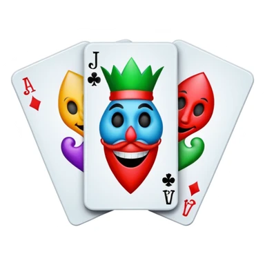 bunch of 3 poker cards, with crazy colorful jolly jokers inside, inversed face sticker