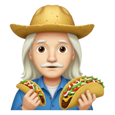man holding taco with long white hair and cap sticker
