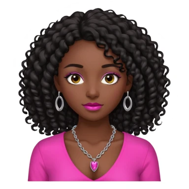 Dark skin girl with long black curly hair with 4 edges 2 on each side wearing a hot pink v-cut neckline shirt with a simple silver necklace sticker