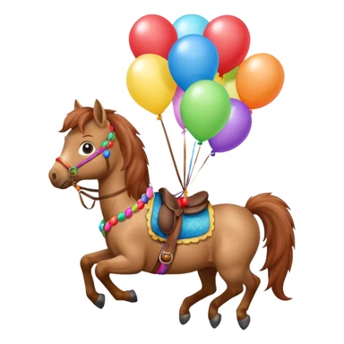 A small pony holding colorful balloons tied to its saddle, looking cheerful. sticker