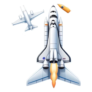 An icon featuring a space shuttle and an airplane against a starry sky, symbolizing aerospace technology. The design includes rocket boosters and satellite orbits, representing the exploration of space and advanced aviation. Transparent background sticker