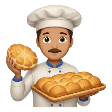 baker holding tray with big bread sticker