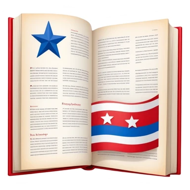 Theater scenography book with pages forming the Puerto Rican flag design, red and blue stripes with white star, showing stage elements and set designs sticker