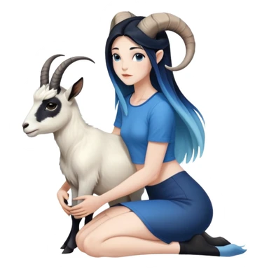 Art of a human white woman's very large perfect body scheme anatomy-very long straight black to blue hair ombre-small goat horns-lean back-on knees sticker