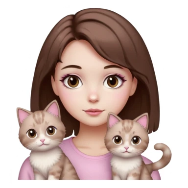 girl with short brown hair, pink soft girl aesthetic, cute makeup, skincare, sparkles, two light brown ragdoll cats sticker