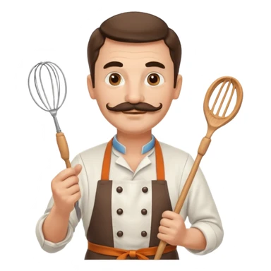 Middle-aged male pastry chef – mustache, wearing apron and whisk in hand
 sticker