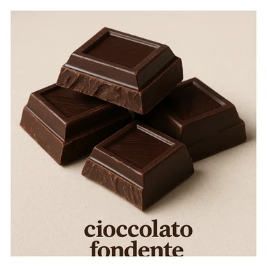 photo realistic pieces of dark chocolate on a light background with the label 'cioccolato fondente' in Italian sticker