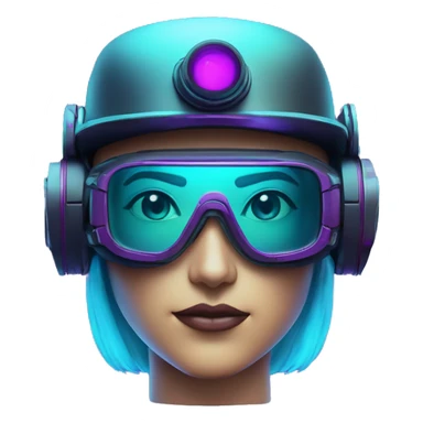 Secret humanoid agent in a futuristic hat with in Apple VR goggles headset code display on the goggles , cyberpunk, cyan and purple colors, only upper body portrait, front facing the camera  sticker