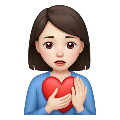 A brunette woman crying and holding a heart  sticker