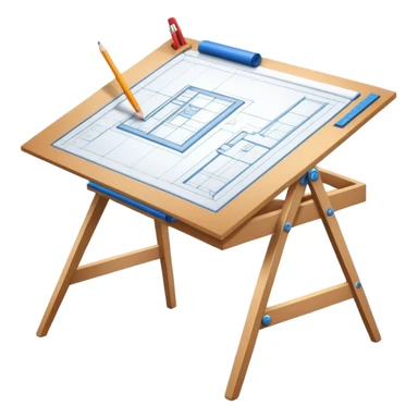 Sleek icon for Architecture: engineer's drawing board with blueprints 3D model of the building,  pencil, architect's easel, rulers and protractor. Transparent background. sticker