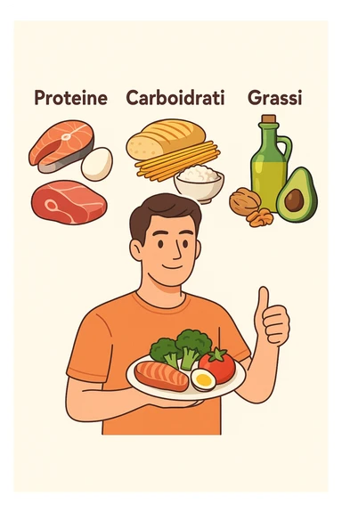 uomo che fa alimentazione attraverso i giusti macronutrienti. Scritte in ITALIANO sticker