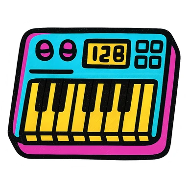 A MIDI keyboard in Pop Colors style, with a futuristic look, metallic accents, digital display, and a mix of vibrant and electric colors. sticker