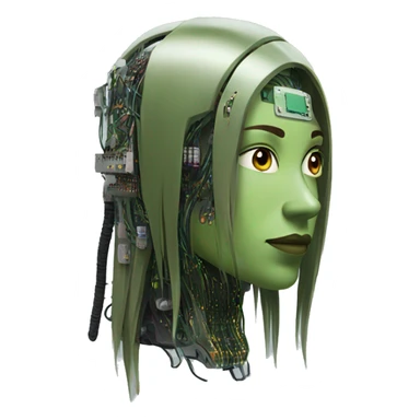 Olive green long hair female cyborg head with circuits sticker