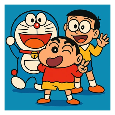 Add Nobita to the group with Doraemon and Shinchan in a playful pose, vibrant cartoon style, colorful and lively characters interacting joyfully. sticker