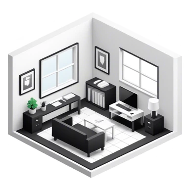 An isometric 3D room with two walls that meet at the back left and right and a Window. Black and White Home Office sticker