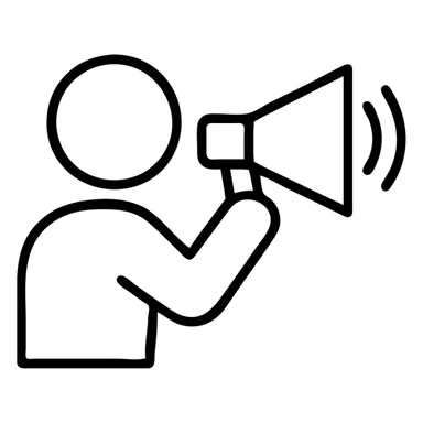 A person speaking loudly with a megaphone in hand, white outline on transparent background sticker