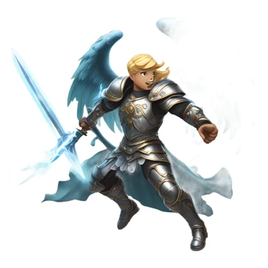 angel vs demon in a lively fight mid flight with swords and armor and lightning sticker