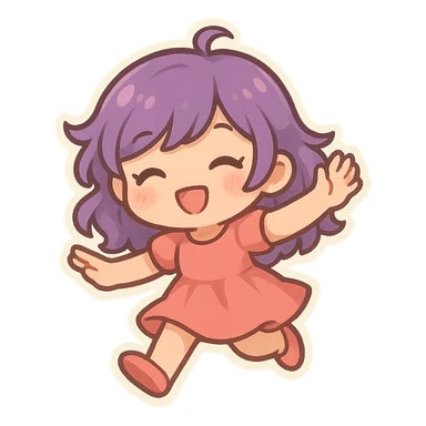 chibi girl with purple hair, dancing, cute chibi stickers illustration style sticker