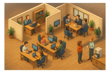 В слегка рисованном, но при этом ярком и объемном стиле - четкую, изометрическую 3D-сцену в мультяшном стиле с видом сверху под углом 45°, изображающую офис кабинетами, open space и другими характерными местами. В офисе работают люди - кто-то говорит по телефону, работает за компьютером, другие пьют кофе, сидят на общем собрании, переговори. Используйте мягкие, изысканные текстуры с реалистичными PBR-материалами и мягким, реалистичным освещением и тенями.  sticker