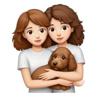 One girl with medium long brown hair dressing white T-shirt, hugging One little brown coated labradoodle. sticker