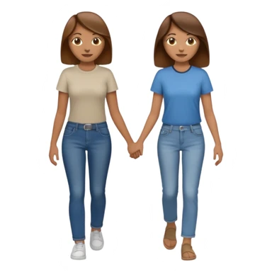 based on emoji style, two people walking together, They are not holding hands. one is brown-haired woman, wearing a shirt,  Another one is a non-binary person, wearing t shirt and jeans, and the second person doesn't have anything on their hands.  sticker
