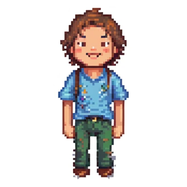 brown-haired man without beard or mustache, joyful expression, pixel art style sticker