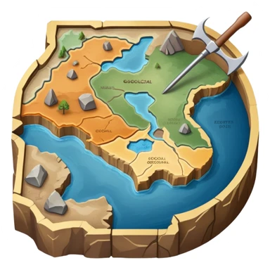 An icon featuring a crowbar and a geological map, and layers of Earth’s crust, symbolizing geology. The design includes mineral samples, fossils, and tectonic plates, representing the study of Earth’s structure and natural processes. Transparent background highlights geological exploration sticker