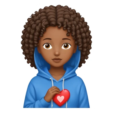 dark-skinned girl with short curly brown hair wearing a blue hoodie with heart and Jesus text sticker