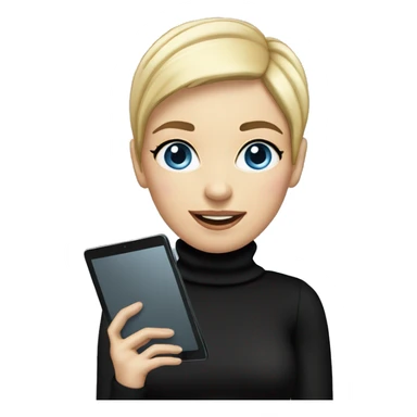 women with blond pixie cut, blue eyes wearing black turtleneck, holding and ipad sticker