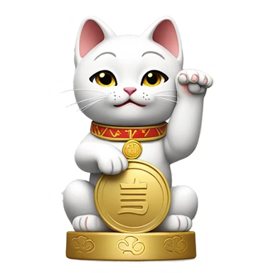 Japanese white maneki neko cat with its right arm raised and its left arm holding a golden koban coin sticker