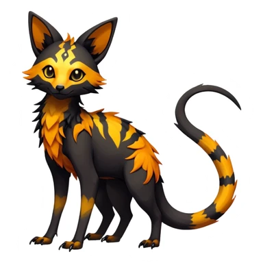 Rare realistic exotic edgy dark gothic gloomy spooky black and orange/yellow epic pretty beautiful handsome gorgeous aesthetic colorful vibrant Vernid-Trico-species-Fakemon-creature by LiLaiRa, 4 legs, 1 tail, random markings, (full body) sticker
