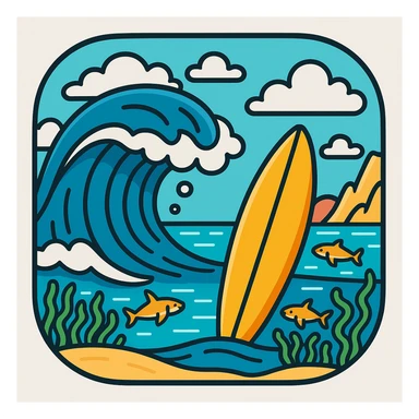 Add a cartoon ocean wave background behind the surfboard, matching the sticker style. The style should resemble cartoonish stickers with bold outlines and simple colors, playful and fun. sticker